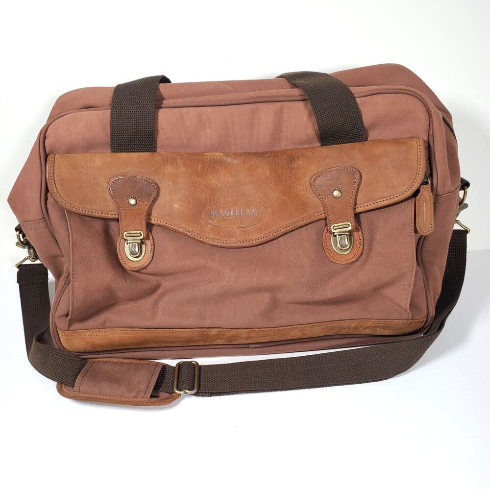 Magellan Duffle Bag Large Leather Brown Rust Red Canvas Trim Shoulder Strap